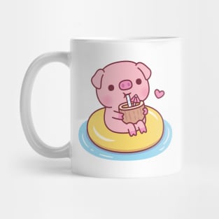 Cute Piggy Chilling On Pool Float And Drinking Coconut Water Mug